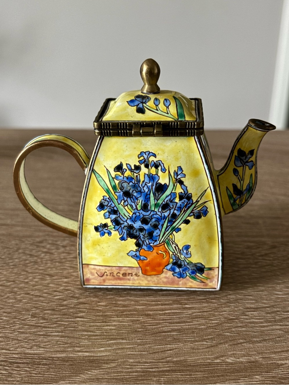 RARE VTG Kelvin Chen Van Gogh Irises Mini Enamel Teapot Trinket Box Hinged Lid